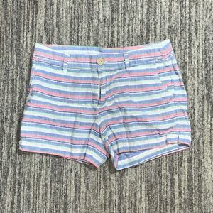 St Tropez West Womens Size 4 Striped 100% Linen‎ Short Shorts Pink Blue White